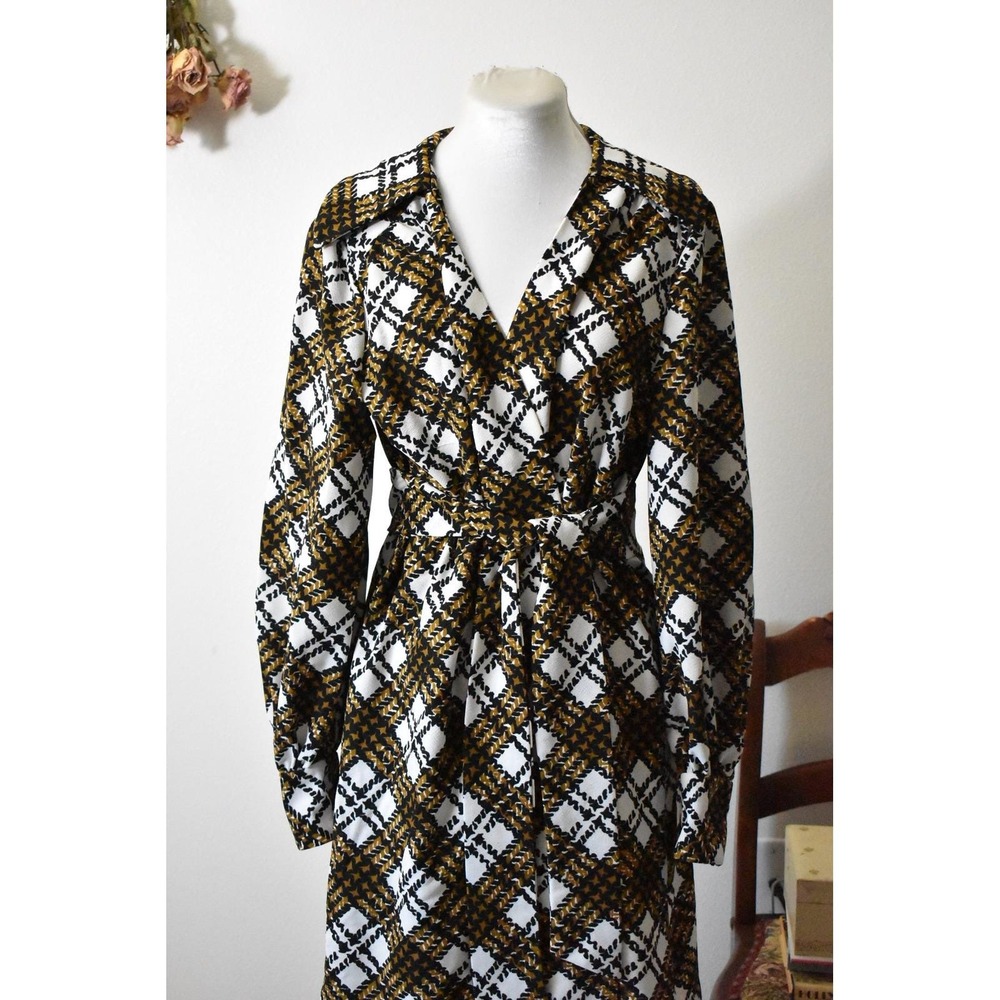 Vintage 70s Mustard Yellow Plaid Wrap Dress V-Neck Long Sleeve Retro Geometric M - Picture 3 of 8